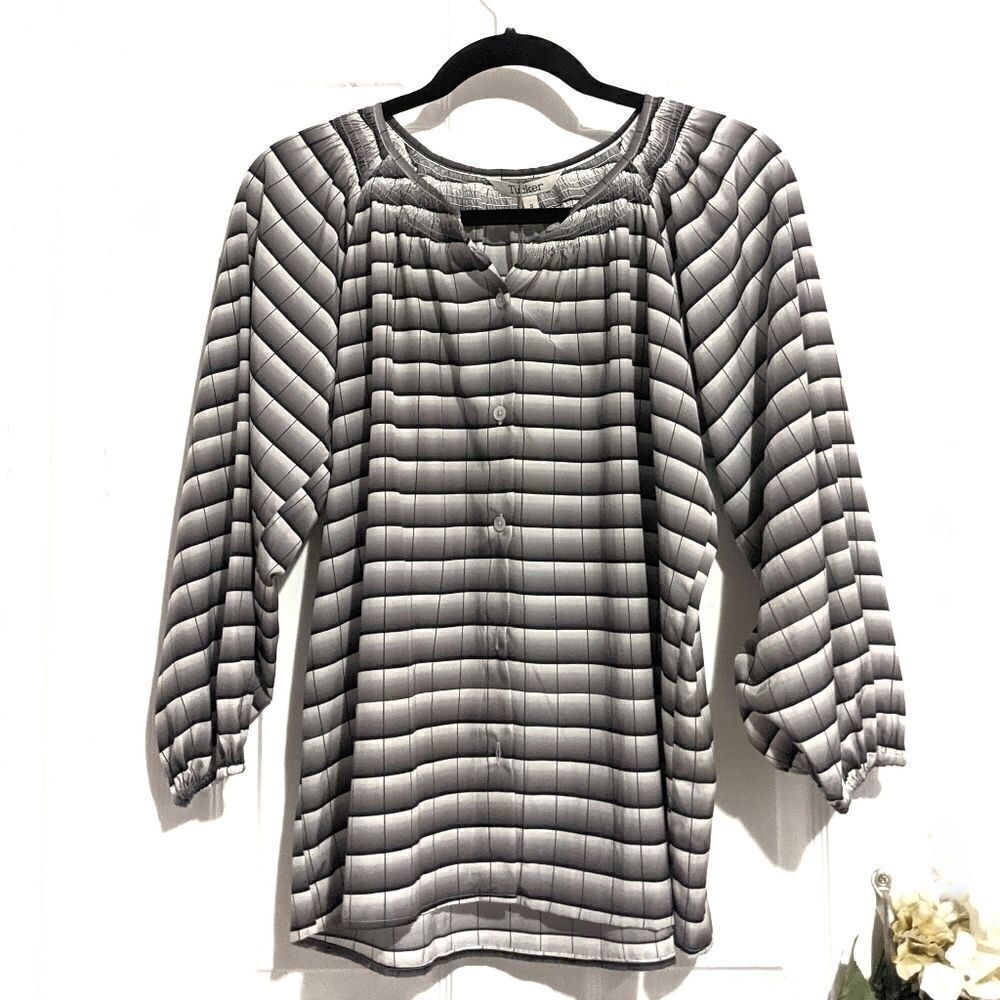 Tucker The Classic Blouse Gray Area in Silk Cotton Plaid Motif Striped Smock